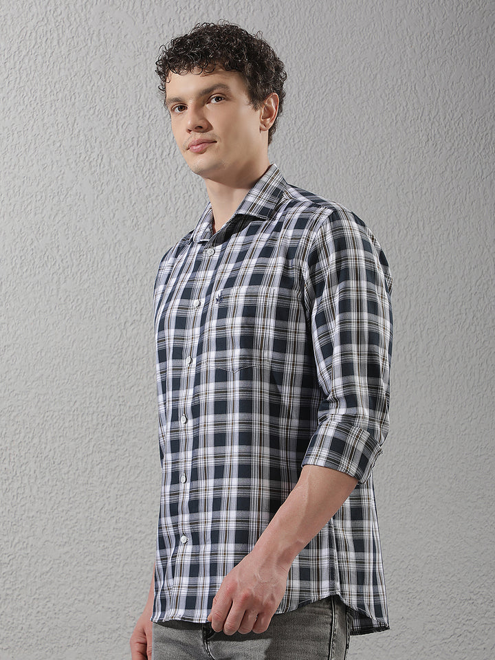 Navy Blue Checked 100% Cotton Shirt