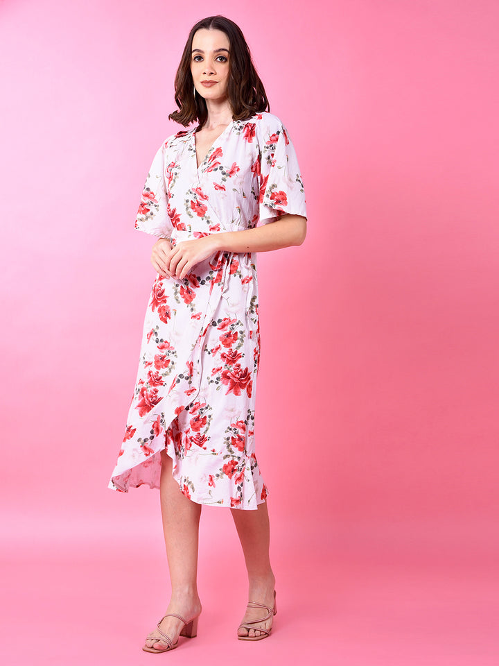 Red Floral Print V-Neck Linen Dress-Women Dress-Crimsoune Club