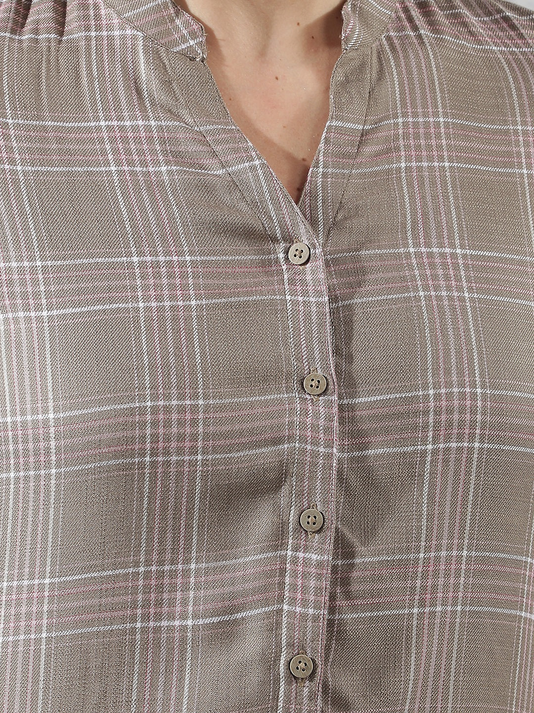 Brown Checked V-Neck Shirt