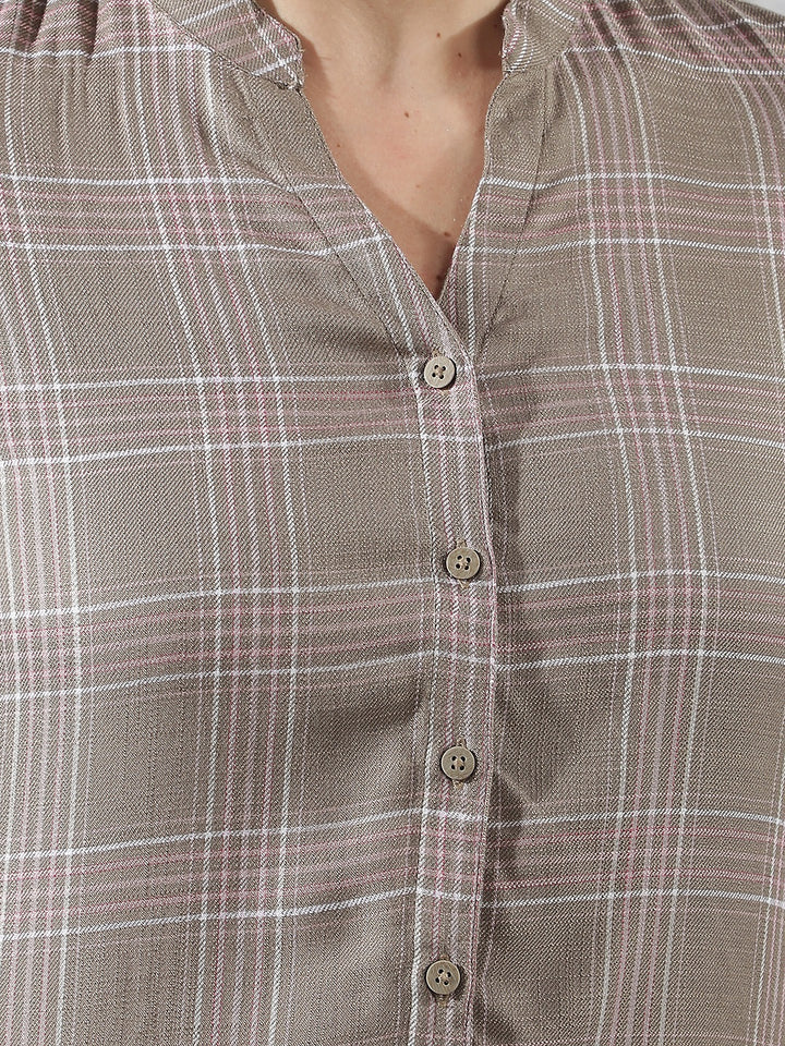 Brown Checked V-Neck Shirt