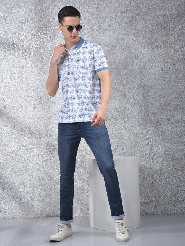 Green Floral Print Polo-Neck T-Shirt
