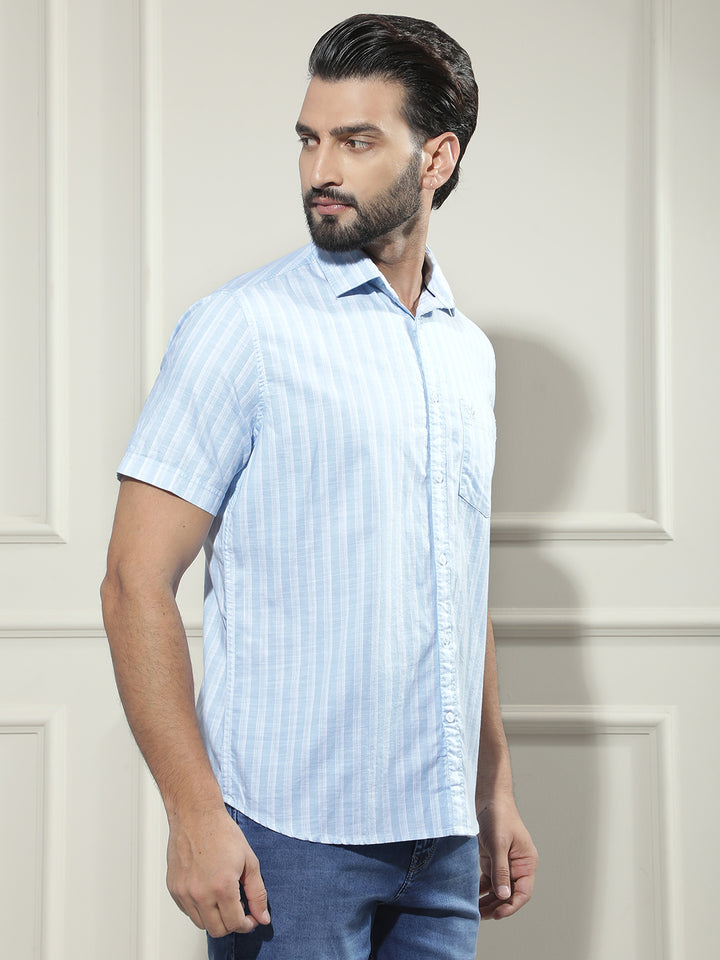 Blue Vertical Striped 100% Cotton Shirt