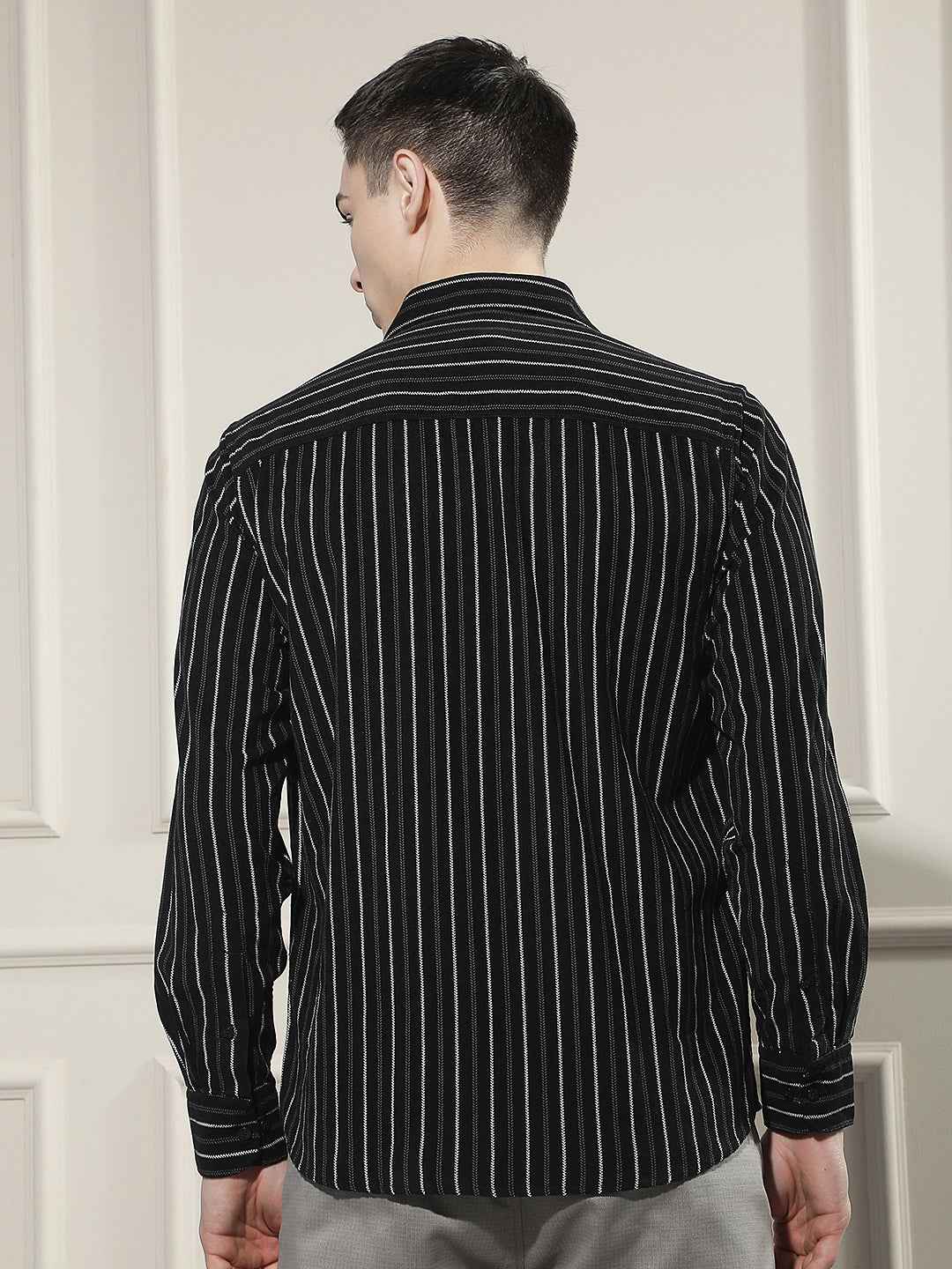 Black Vertical Stripes 100% Cotton Corduroy Shirt