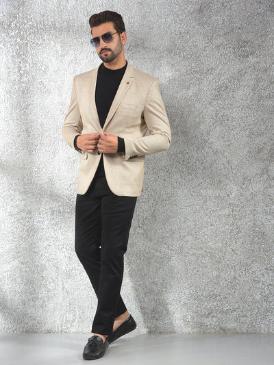 Beige Checked Notched Lapel Single-Breasted Blazer