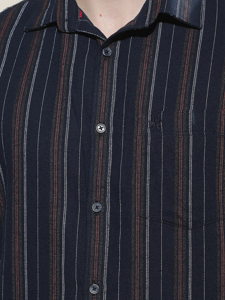 Navy Blue Vertical Stripes 100% Cotton Shirt