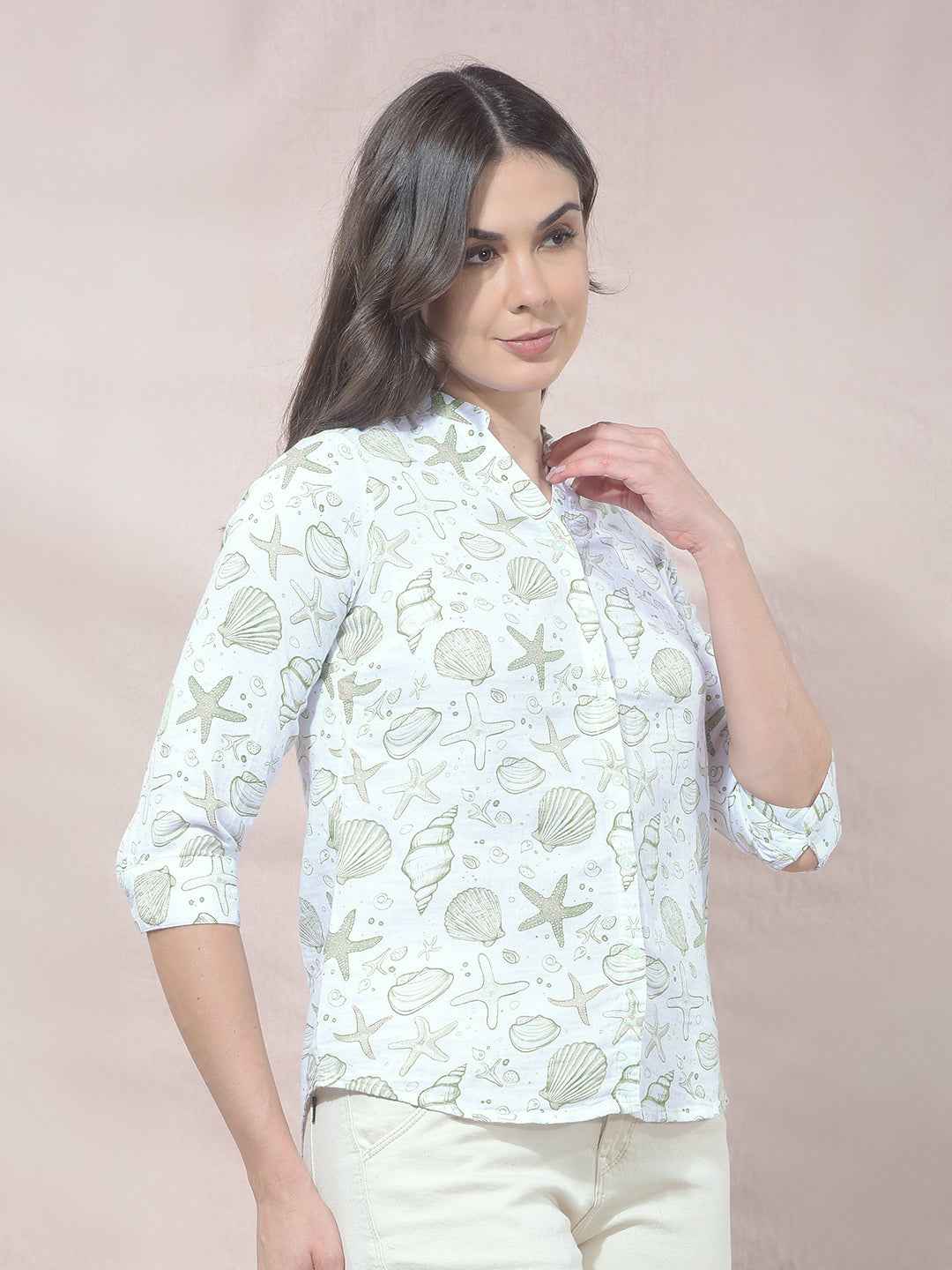 Green Printed V-Neck 100% Cotton Shirt