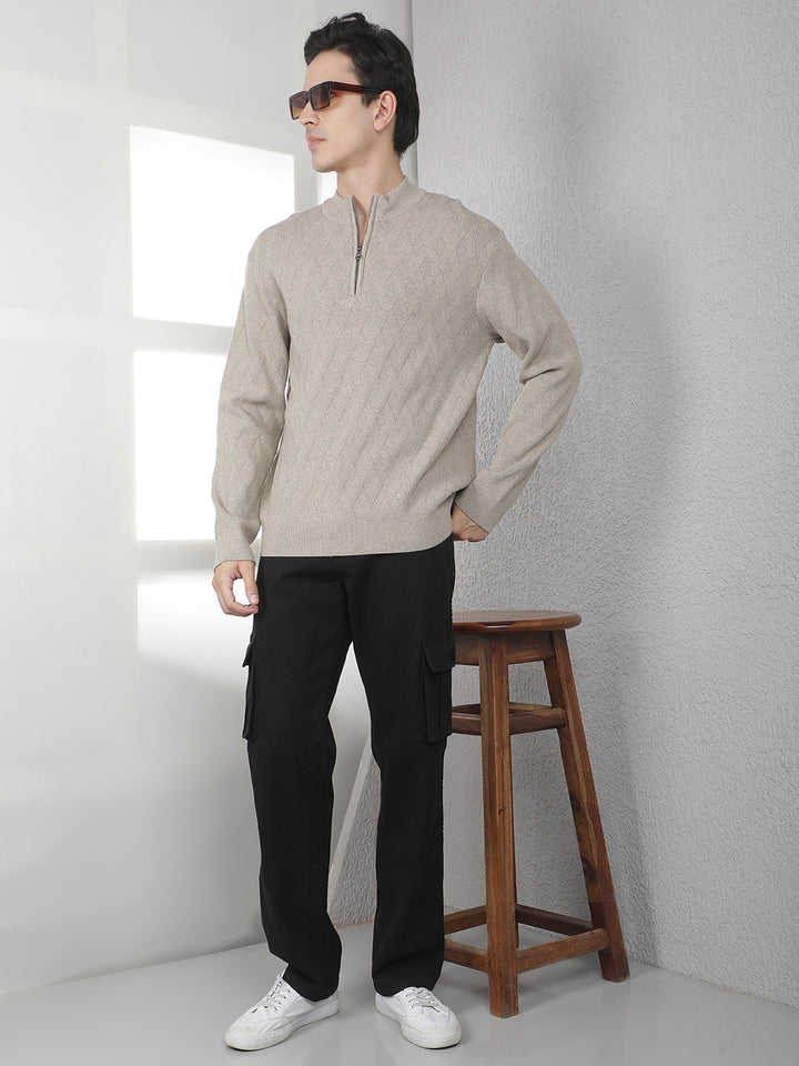 Beige Jacquard High Neck Sweater