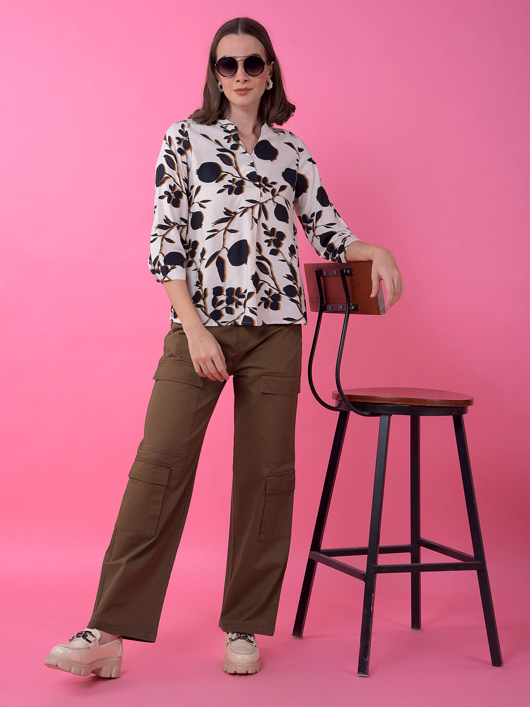 Black Floral Print V-Neck Top