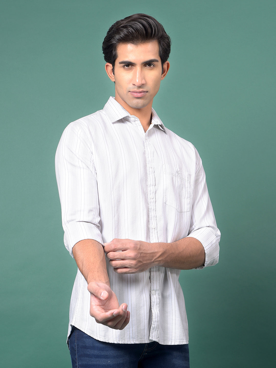 Green Vertical Stripes 100% Cotton Shirt-Men Shirts-Crimsoune Club