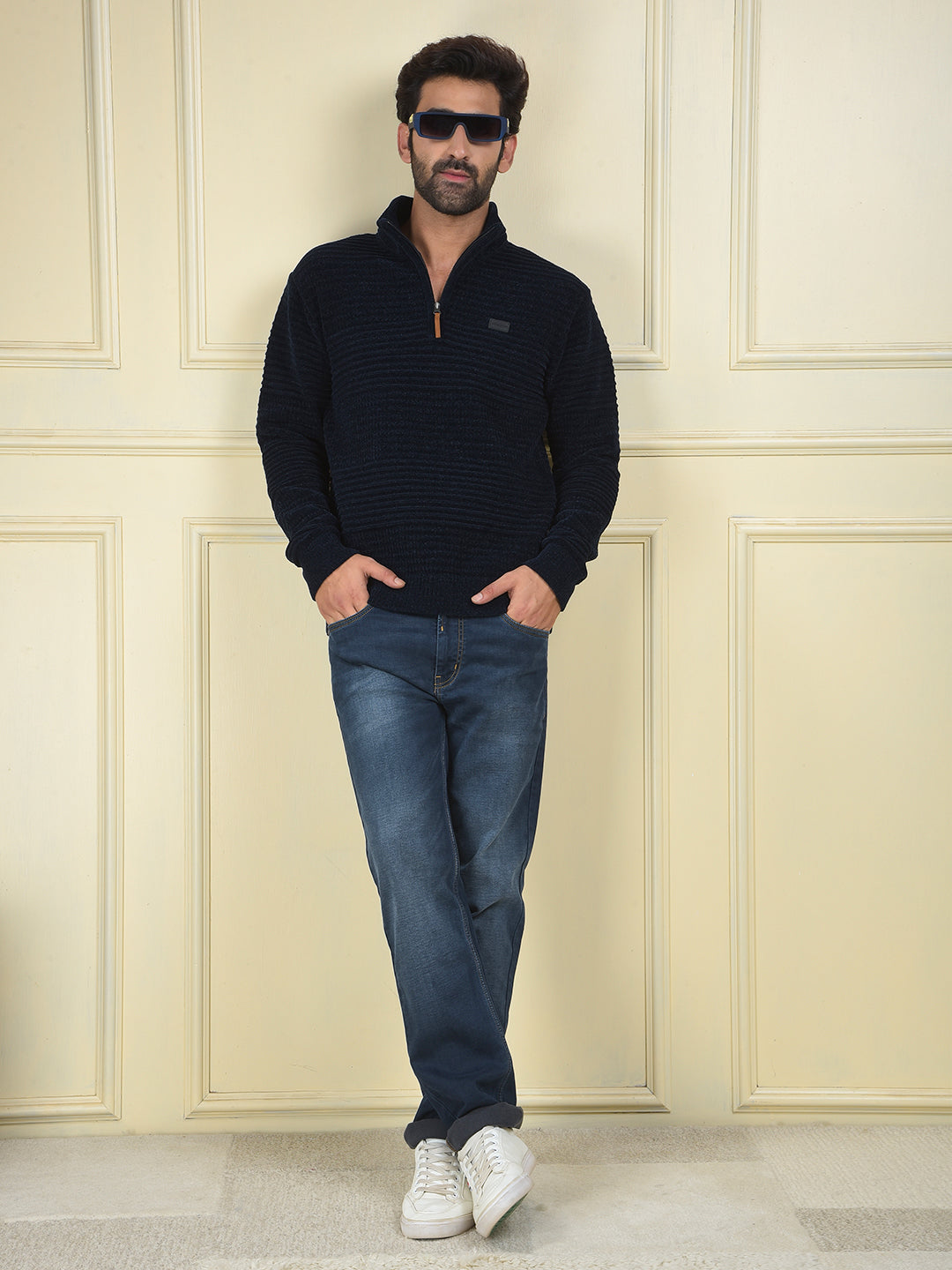 Navy Blue Jacquard Knitted Sweater