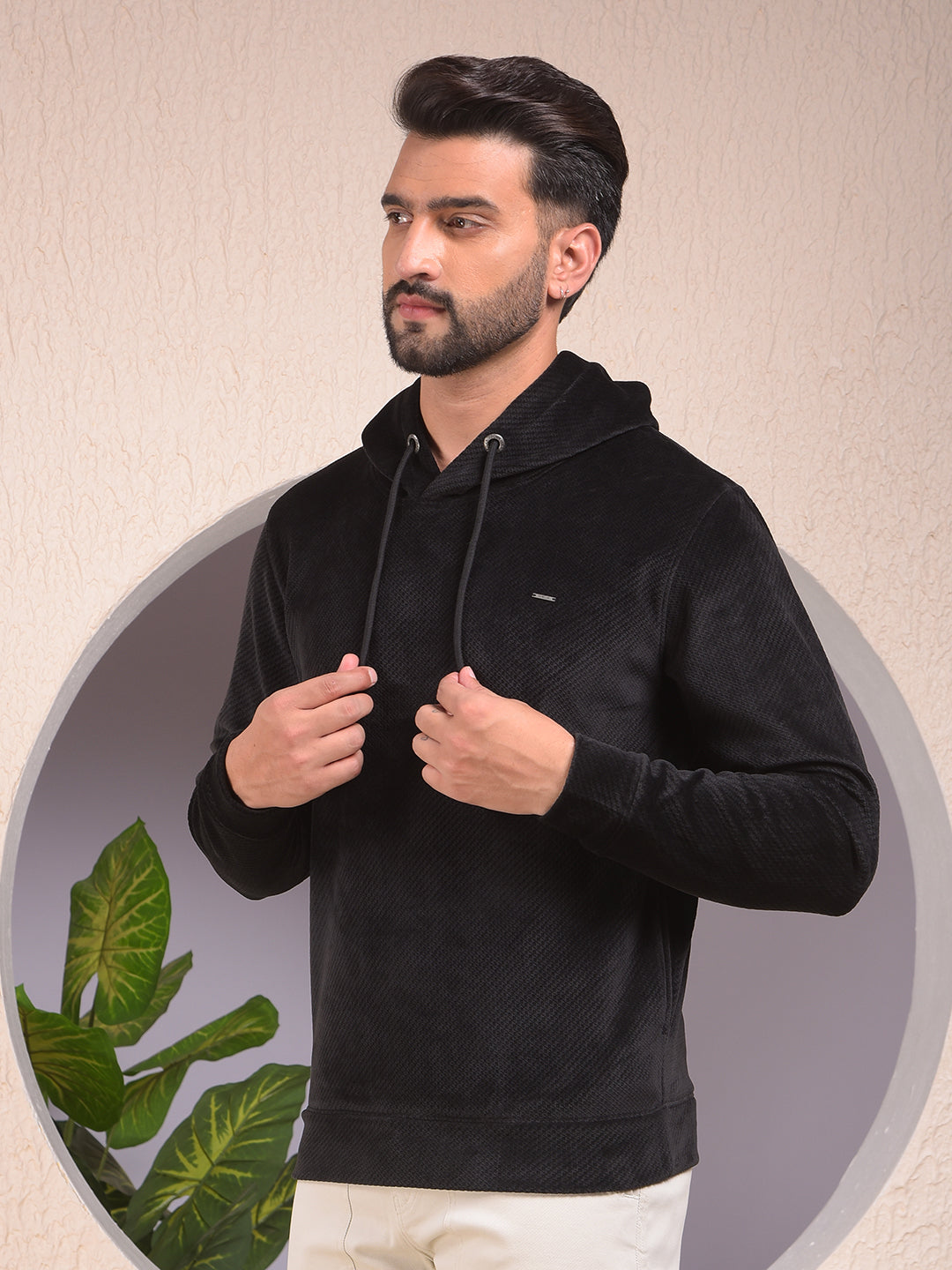 Black Jacquard Hooded Neck Sweatshirt