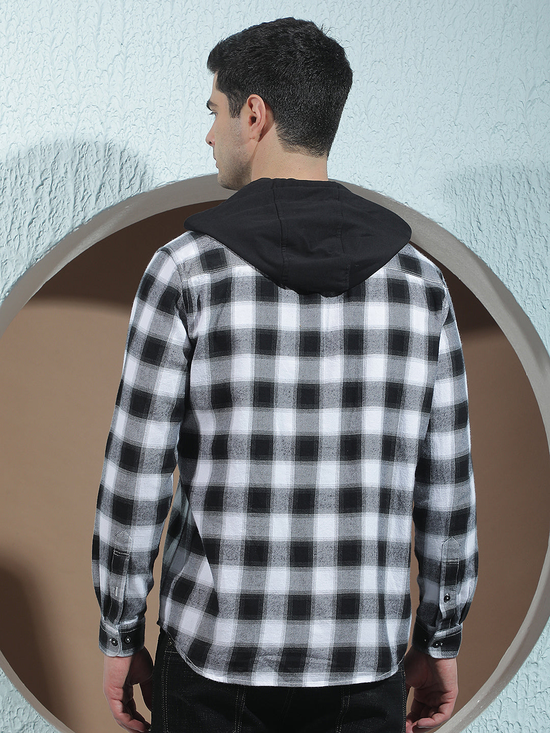 Black Checked 100% Cotton Hooded Shirt