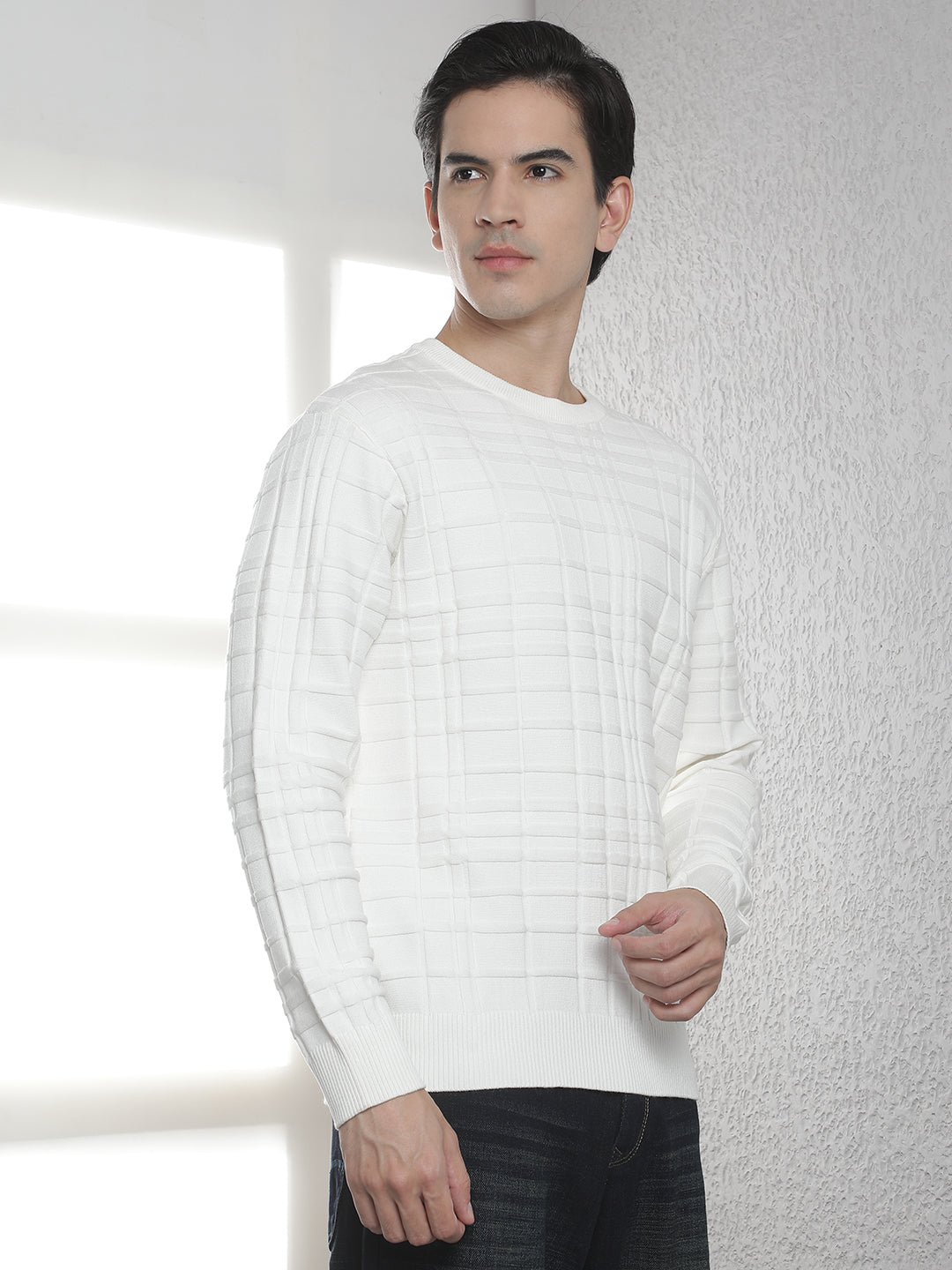 White Jacquard Round Neck Sweater