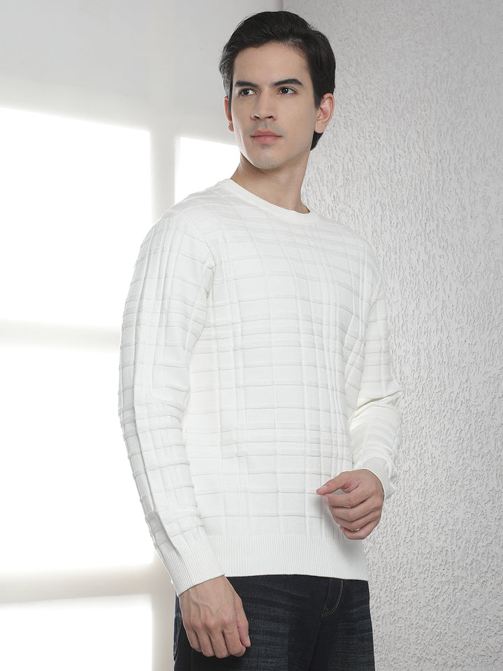 White Jacquard Round Neck Sweater
