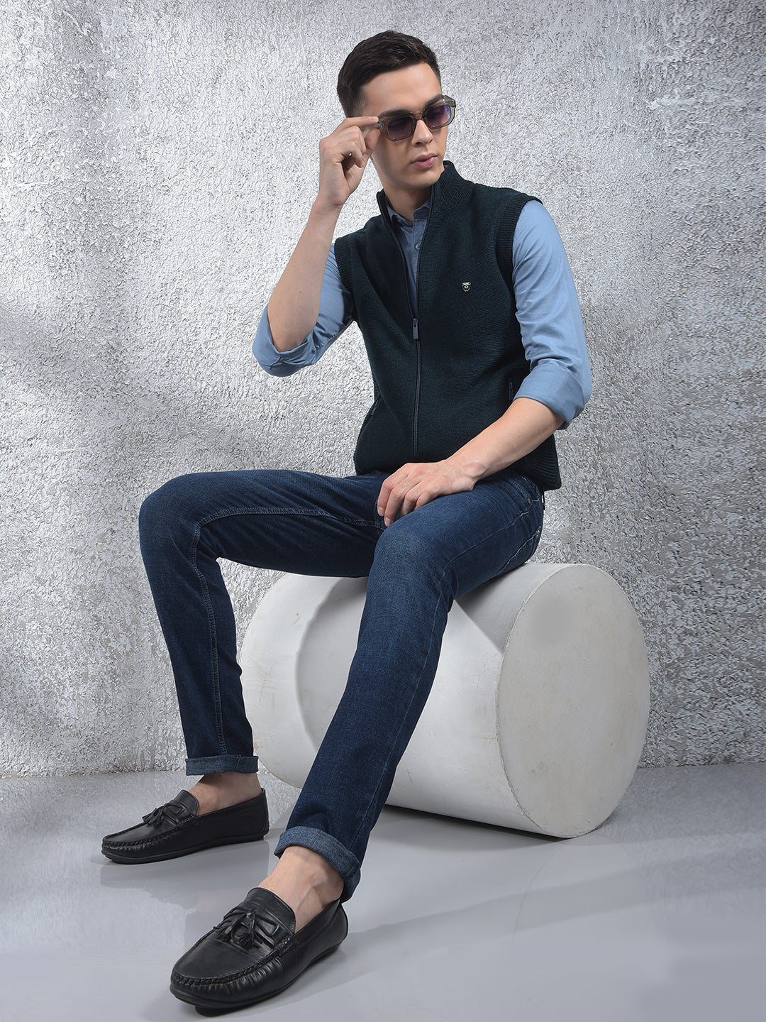 Blue High Neck Sleeveless Sweater