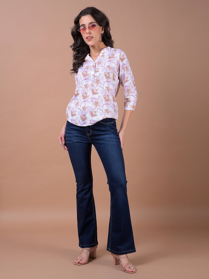 Pink Floral Print V-Neck Linen Top