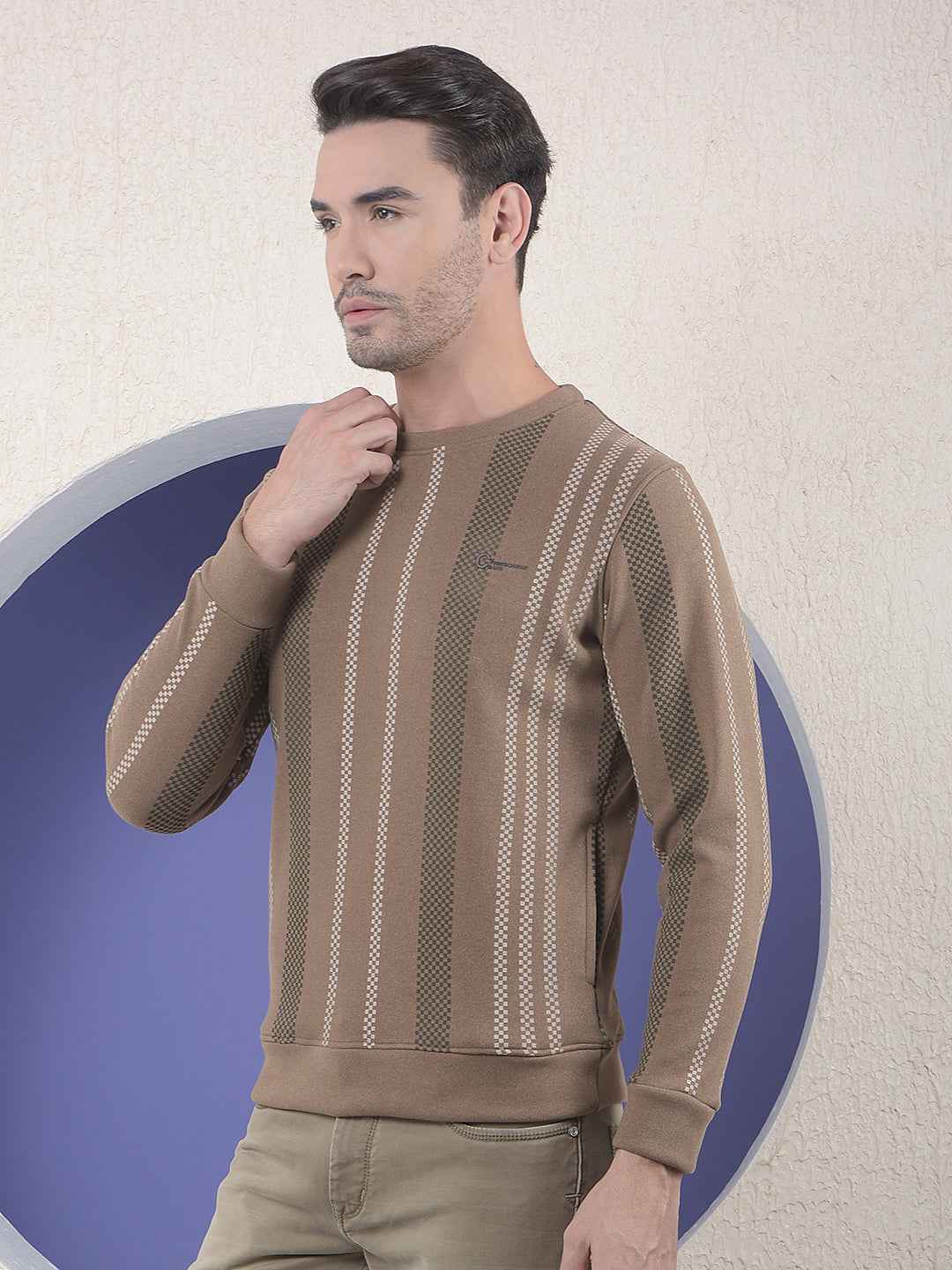 Brown Vertical Striped Round Neck Sweatshirt
