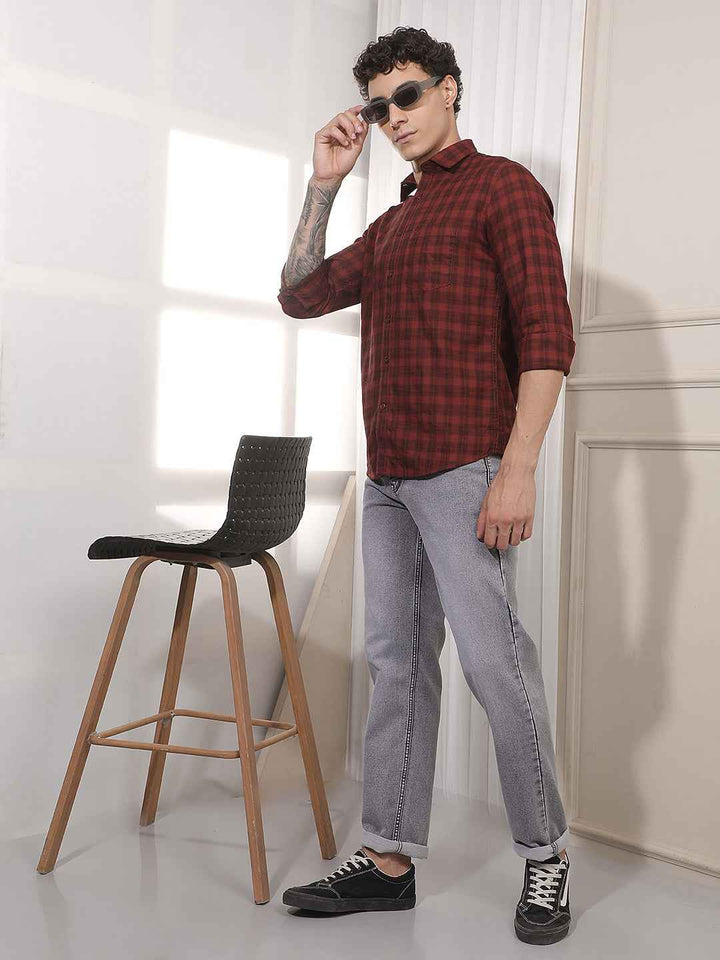 Maroon Checked 100% Cotton Shirt