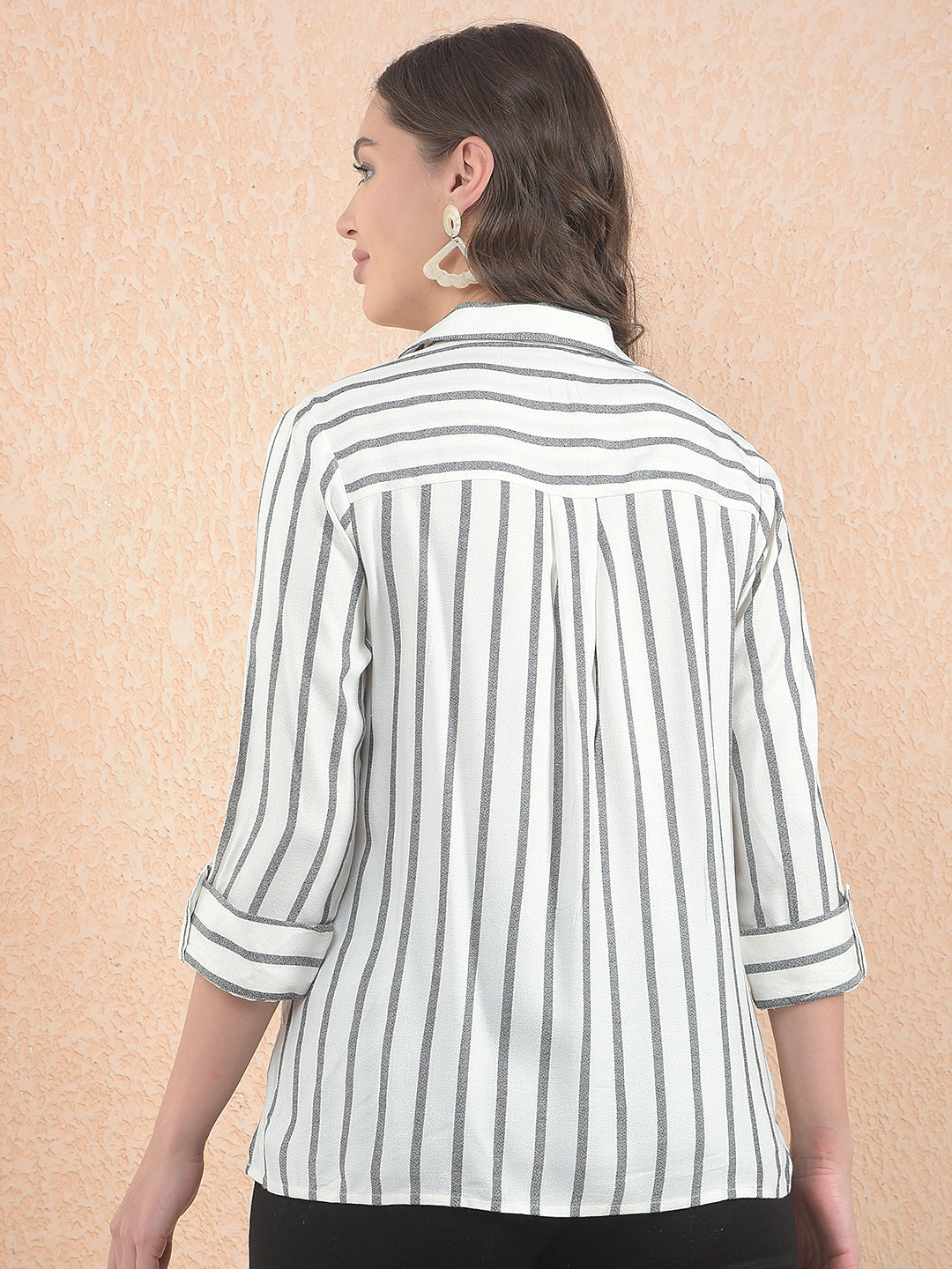 White Vertical Stripes Resort-Collar Top