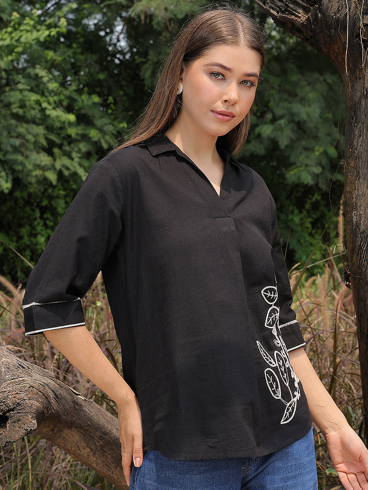 Cotton Black Embroidered Longline Top