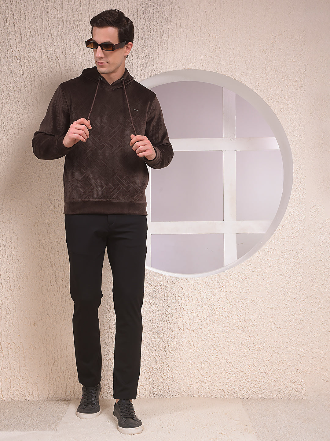 Brown Jacquard Hooded Neck Sweatshirt