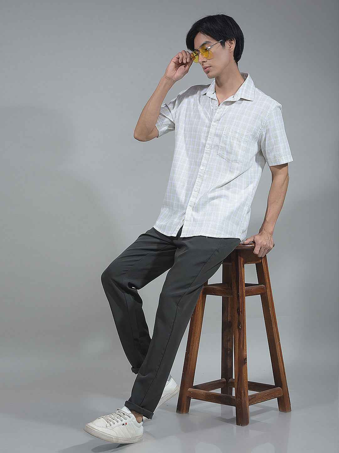 Cream Checked 100% Cotton Shirt