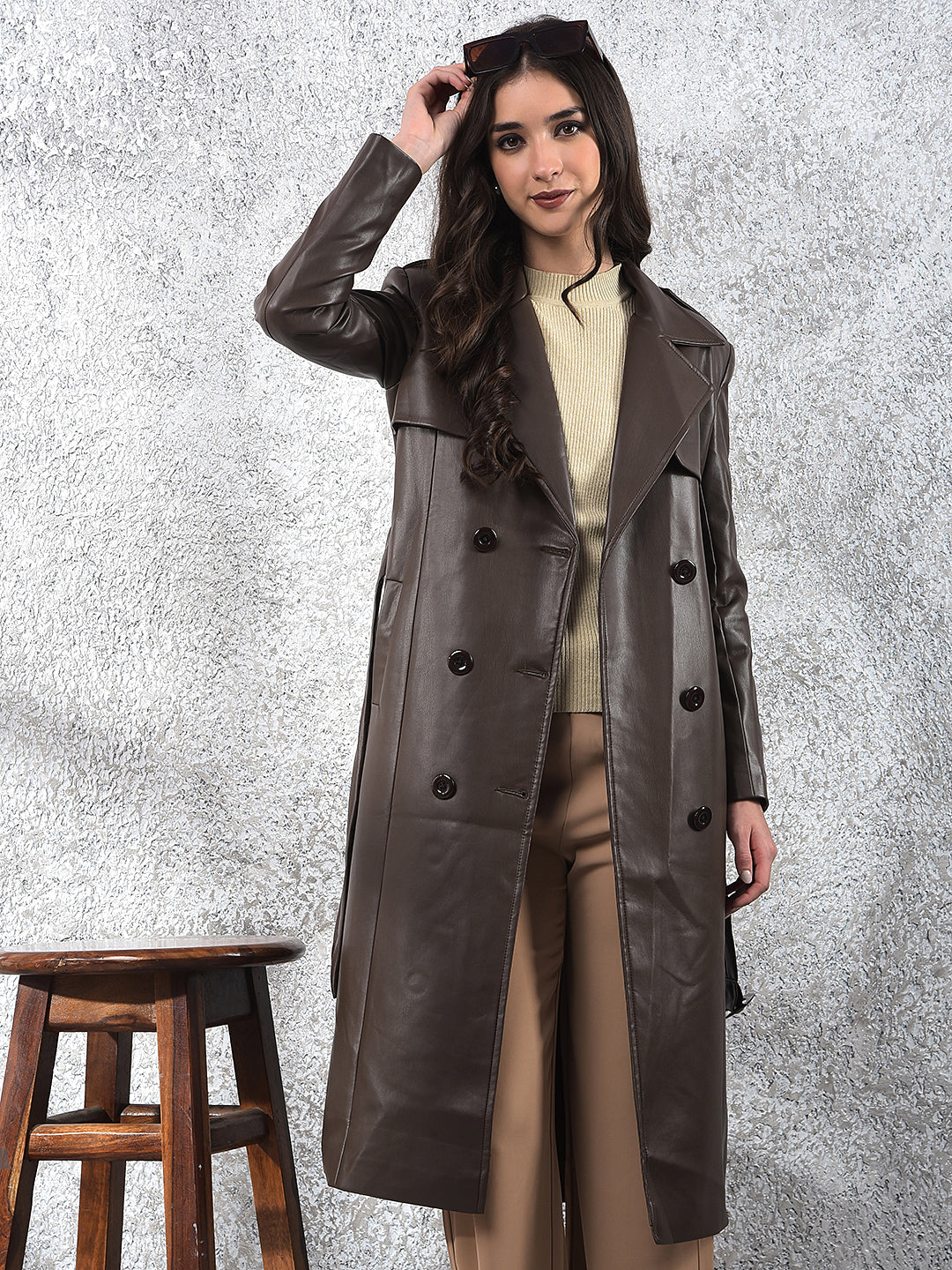 Brown Notched Lapel Leather Overcoat With Belt
