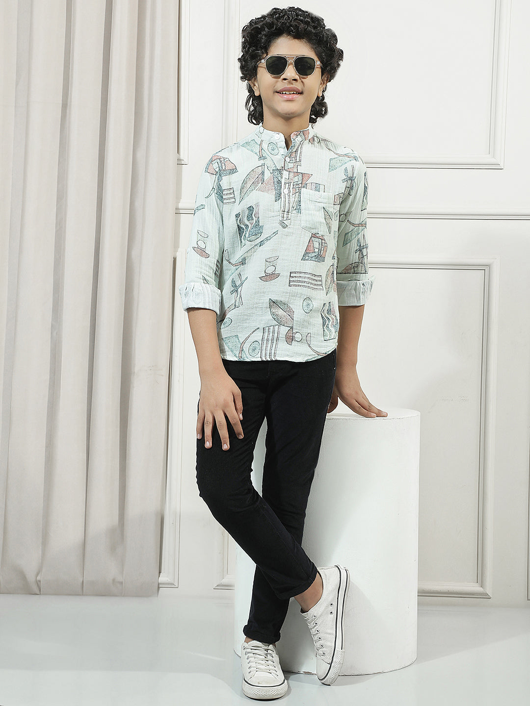 Multicolor 100% Cotton Graphic Print Mandarin Neck Kurta
