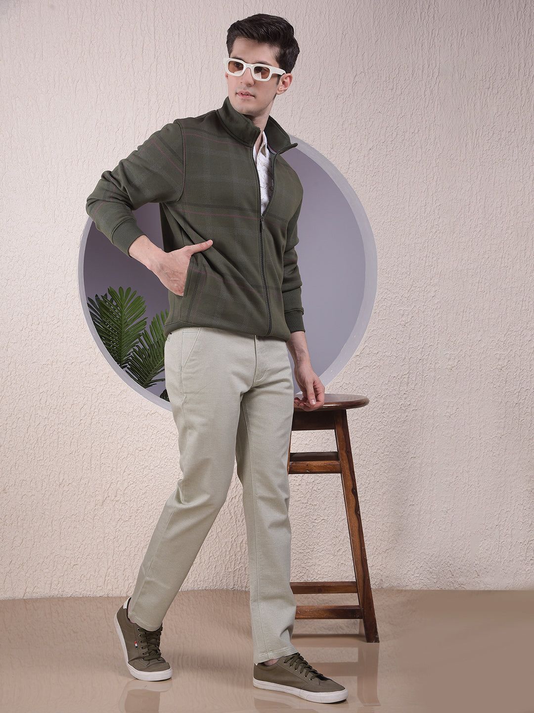 Classy Olive Checked Sweatshirt