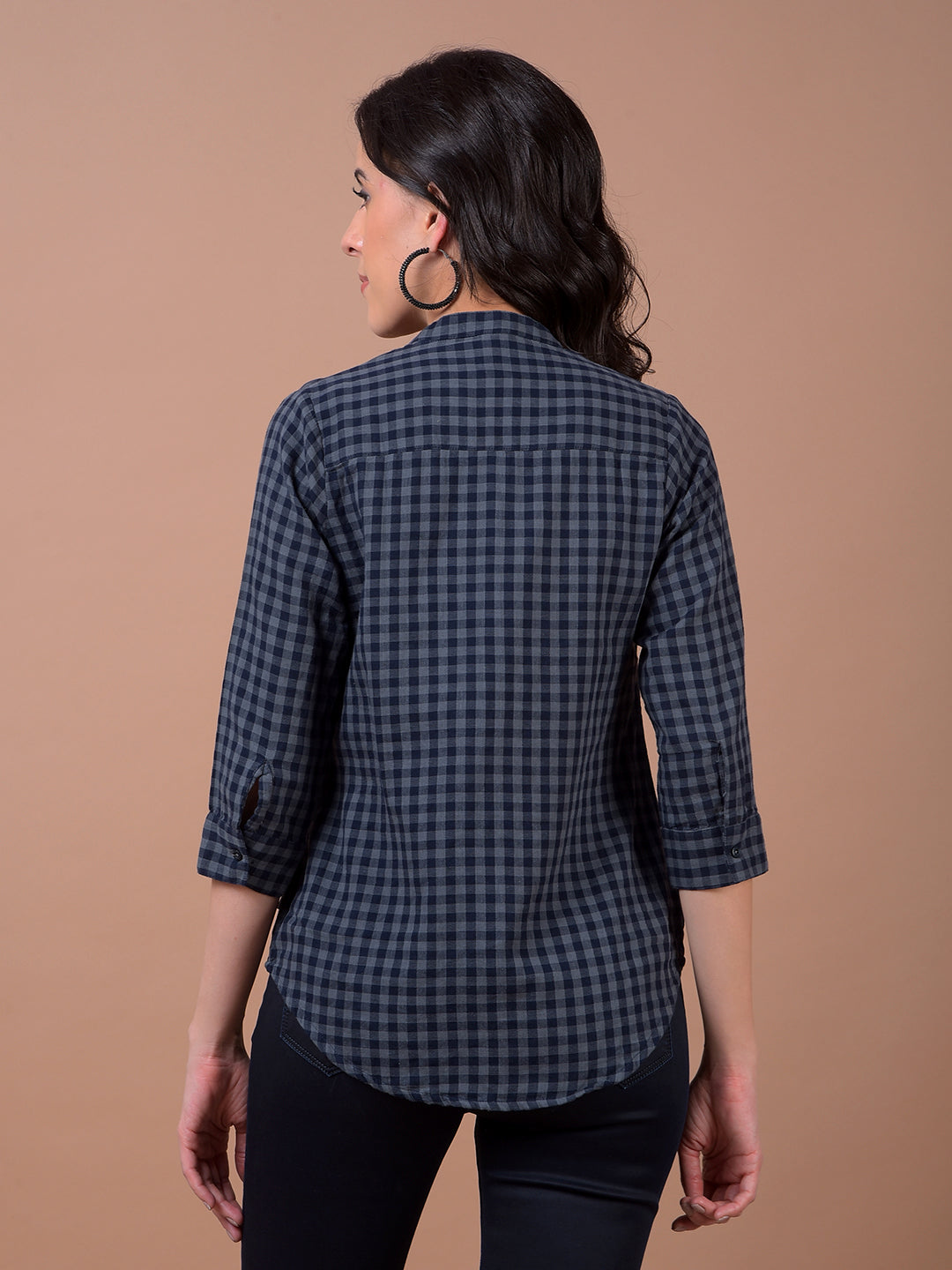 Blue Checked 100% Cotton V-Neck Shirt