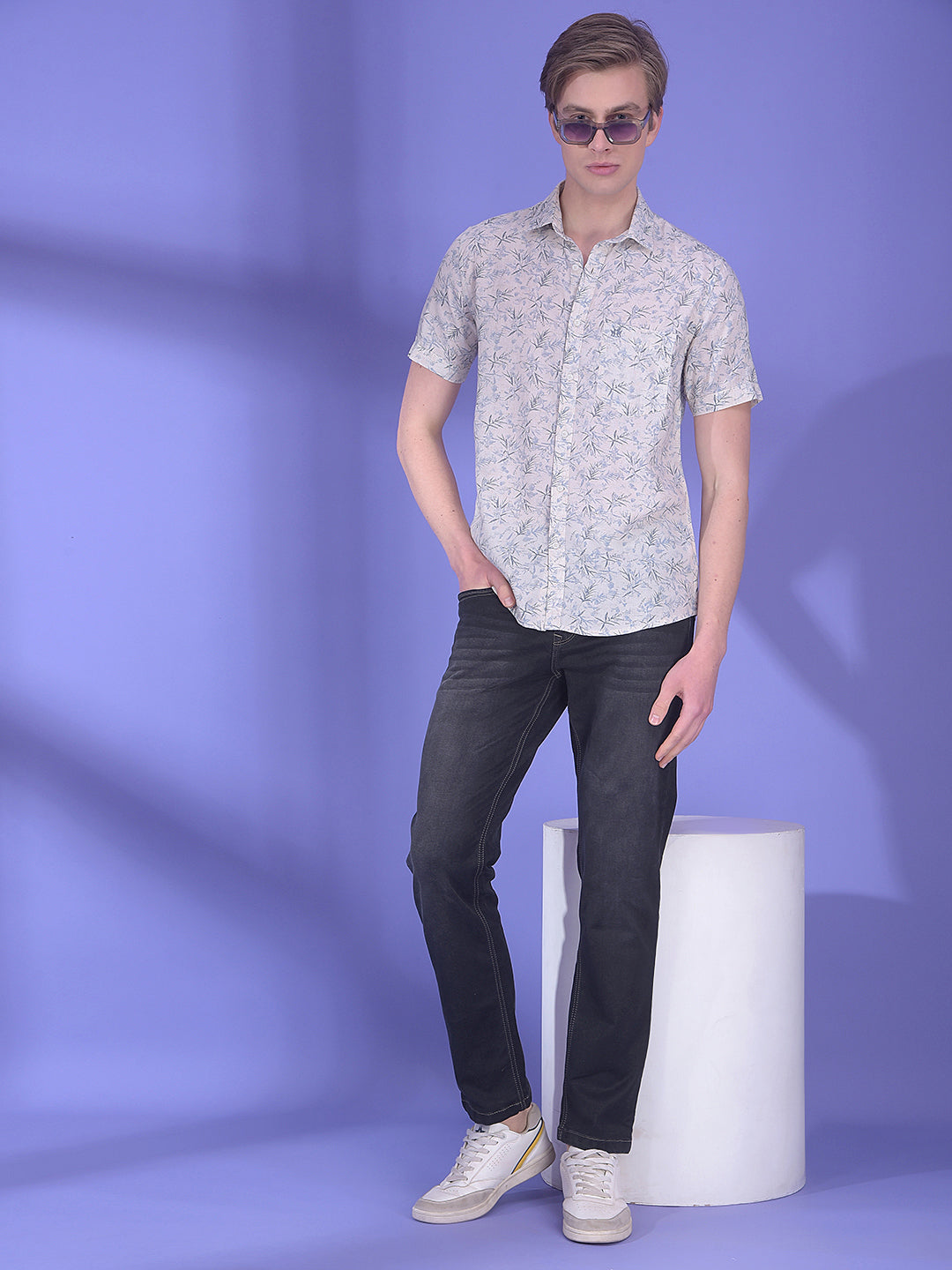 Blue Floral Print Linen Shirt