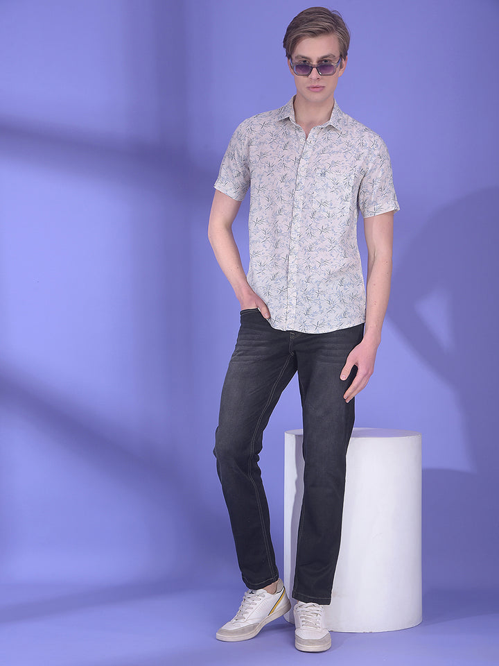 Blue Floral Print Linen Shirt