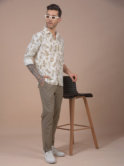 Khaki Floral Print Linen Shirt