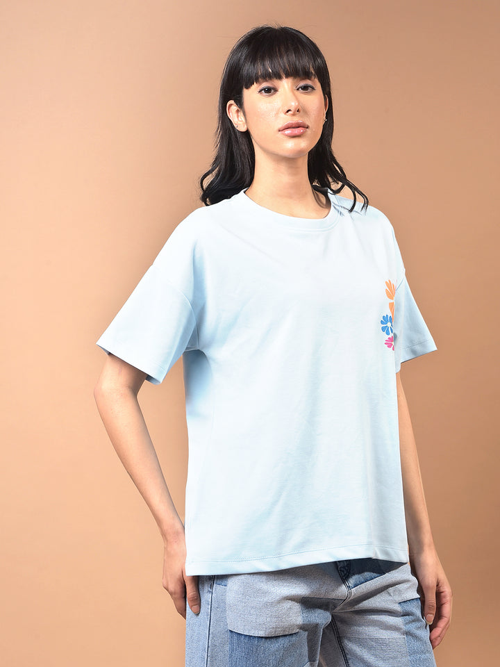 Blue Floral Print Oversize T-Shirt-Women T-Shirts-Crimsoune Club