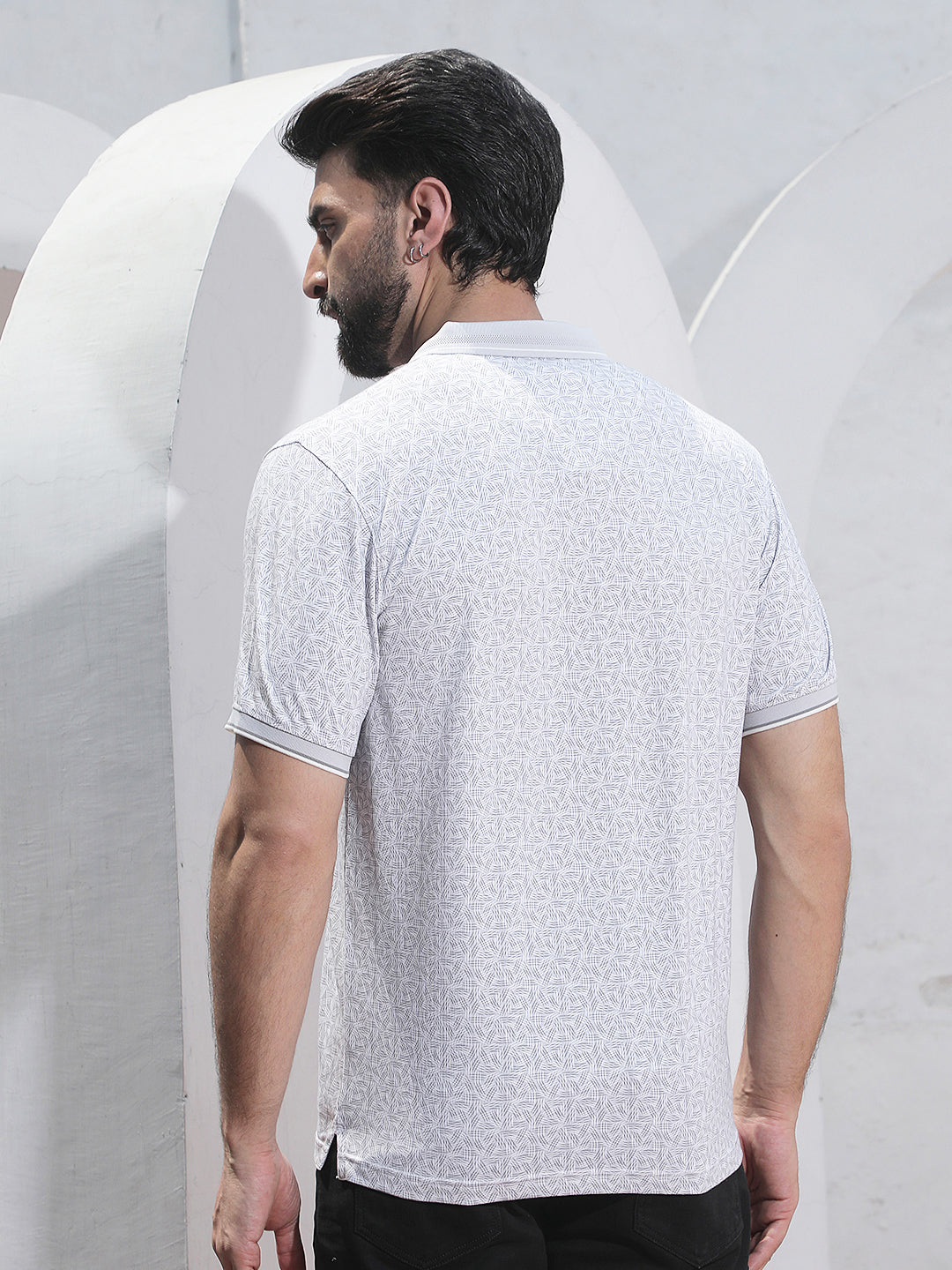 Grey Printed Polo Neck T-Shirt