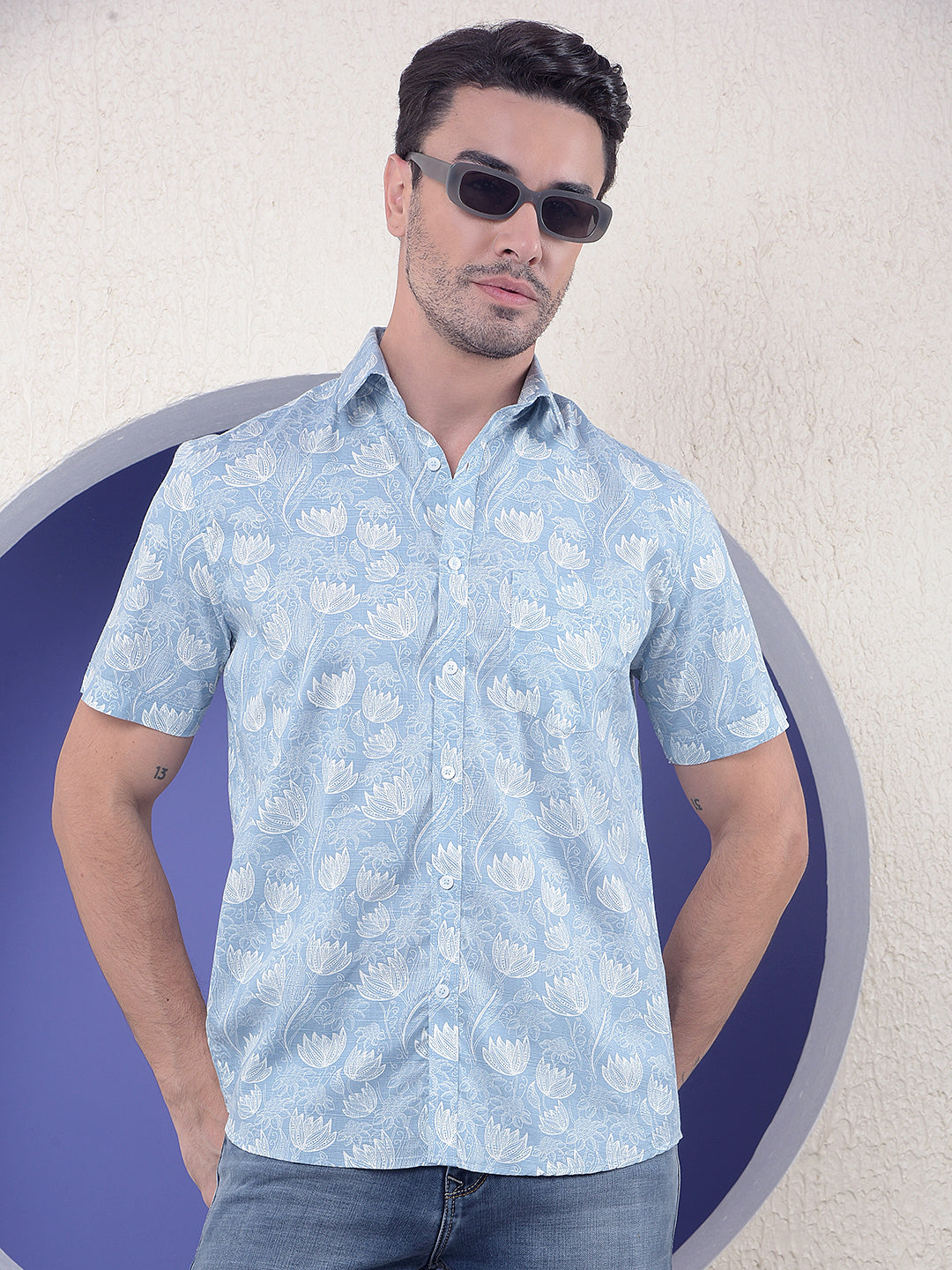 Blue Floral Printed Linen Shirt