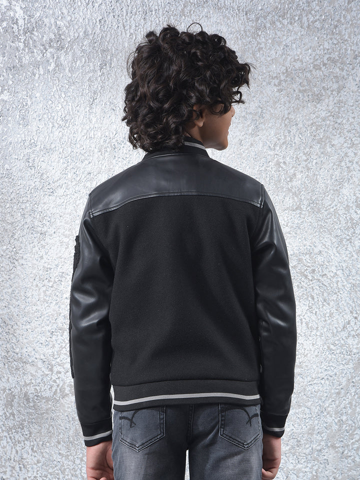 Black Typographic Print Varsity Jacket