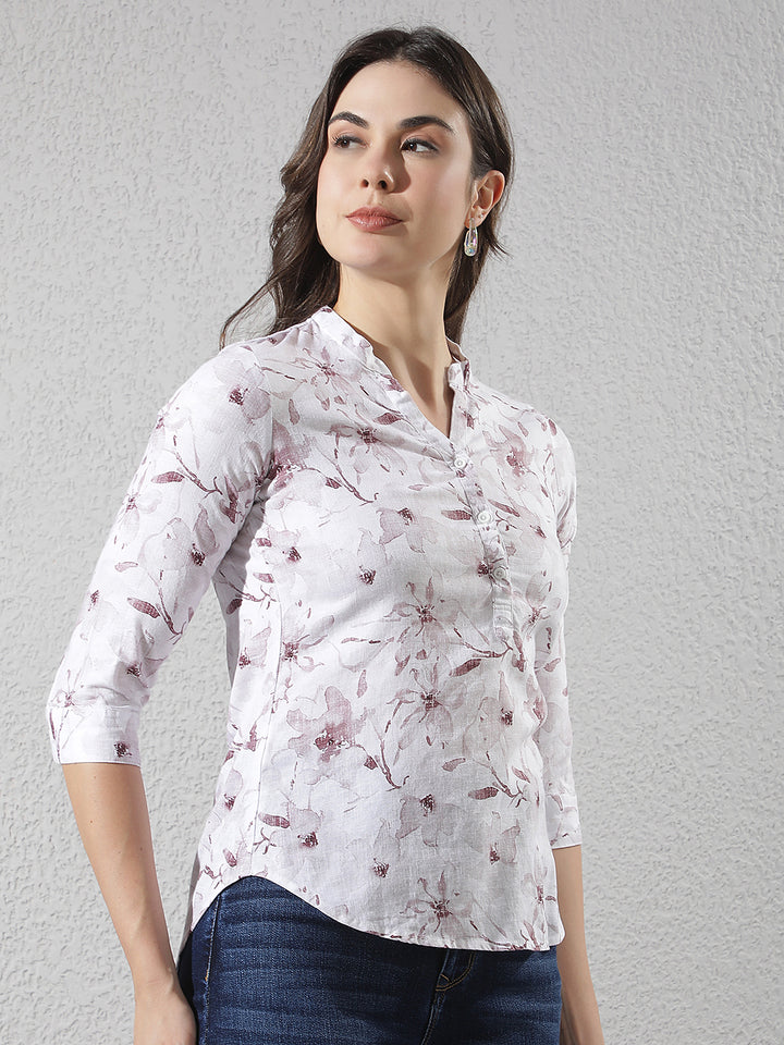 Purple Floral Print V-Neck Linen Top