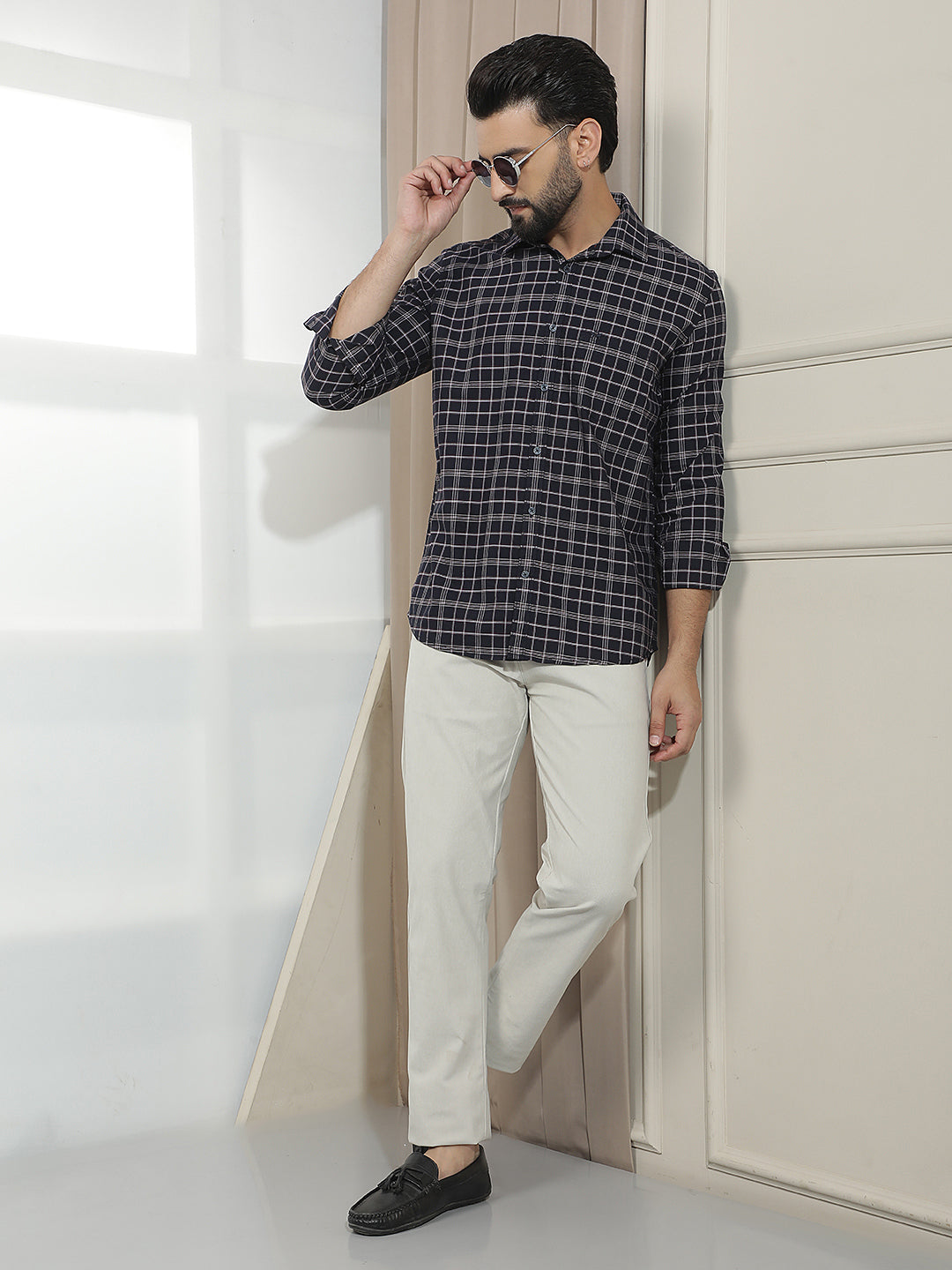 100% Cotton Navy Blue Checked Shirt