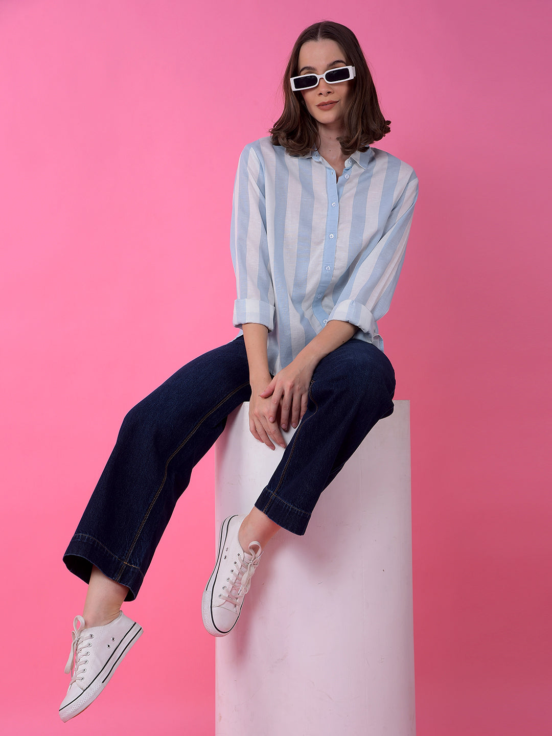 Blue Vertical Stripes Linen Shirt