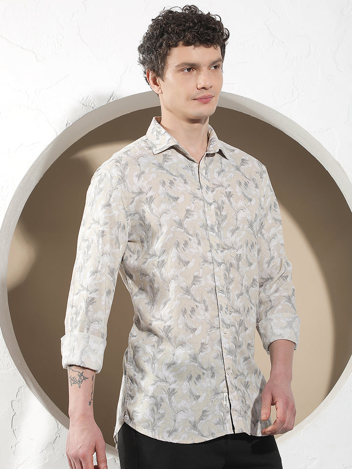 Beige Floral Print Linen Shirt