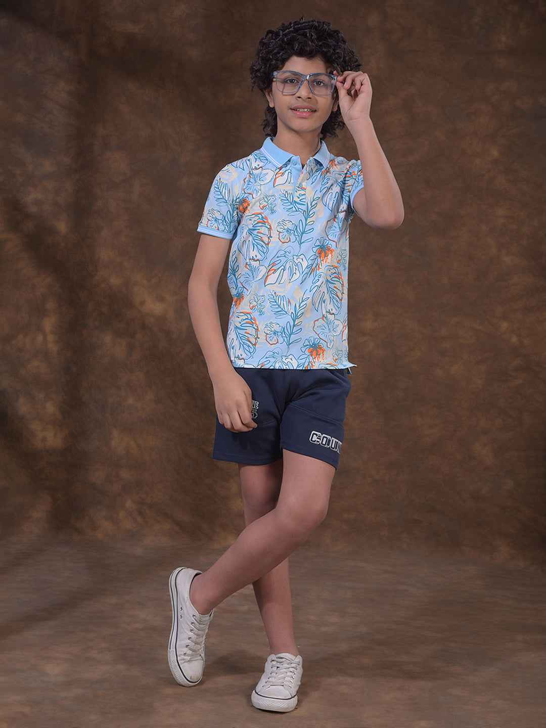 Blue Floral Print Polo Neck T-Shirt