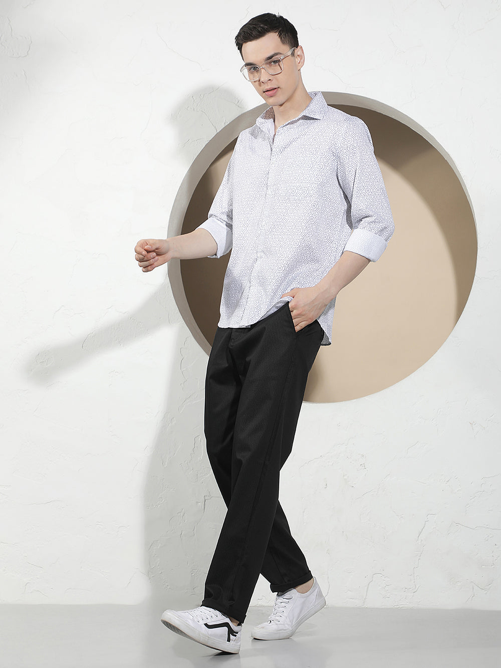 White Geometric Print 100% Cotton Shirt