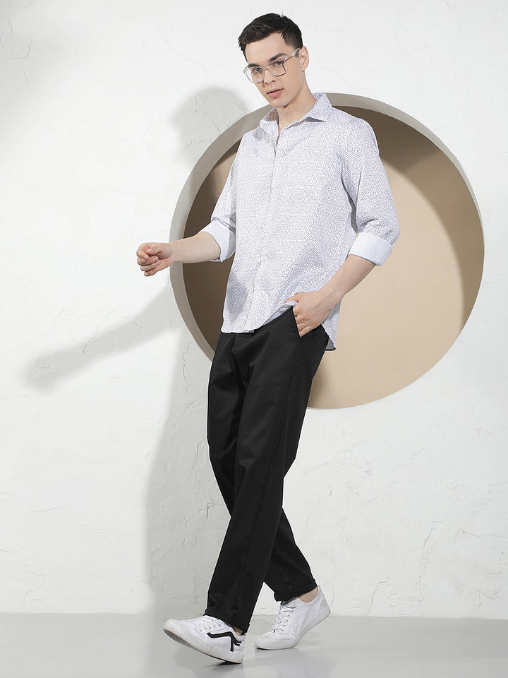 White Geometric Print 100% Cotton Shirt