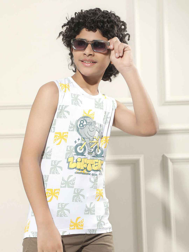 White Graphic Print Sleeveless T-Shirt