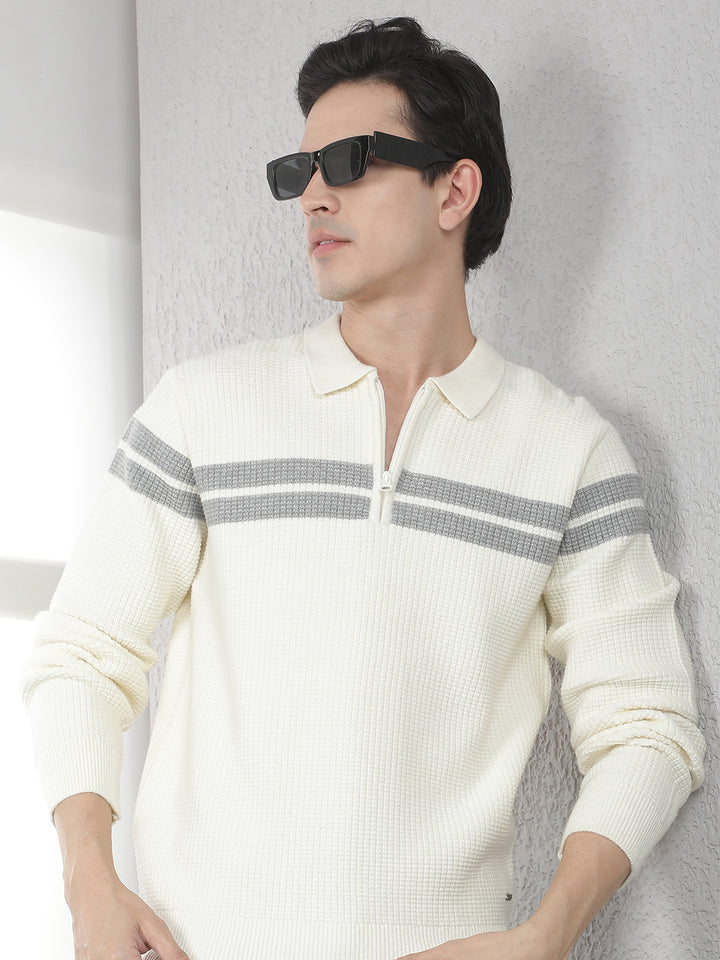 Off White Horizontal Stripes Knitted Polo Sweater