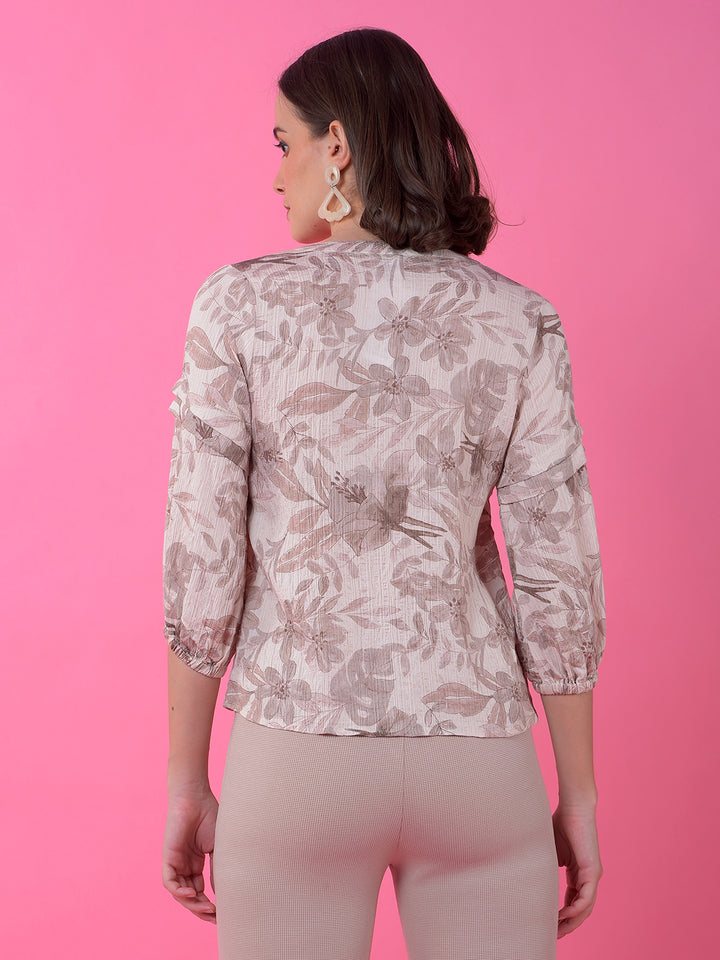 Grey Floral Print V-Neck Top