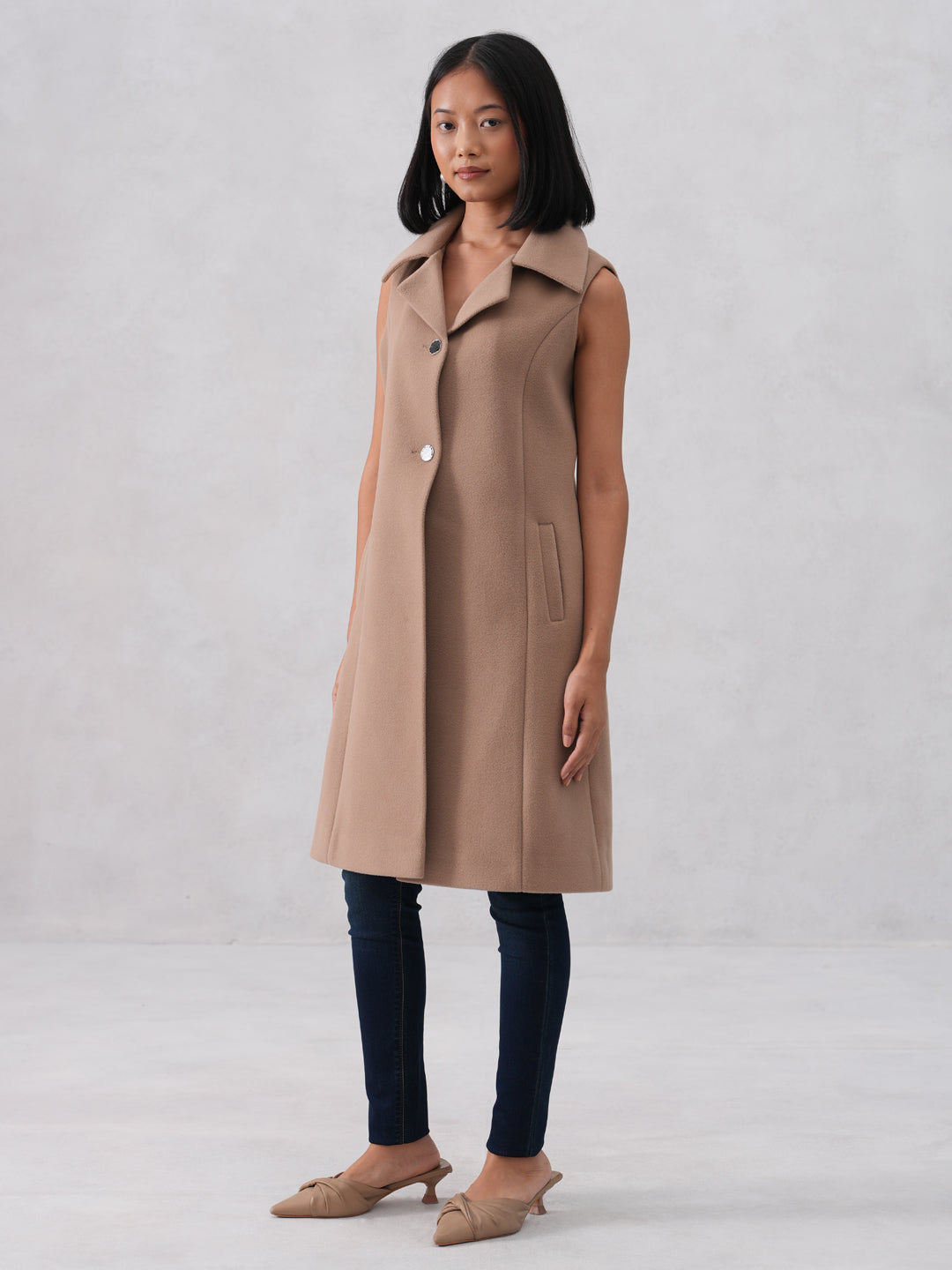 Beige Notched-Lapel Sleeveless Over-Coat