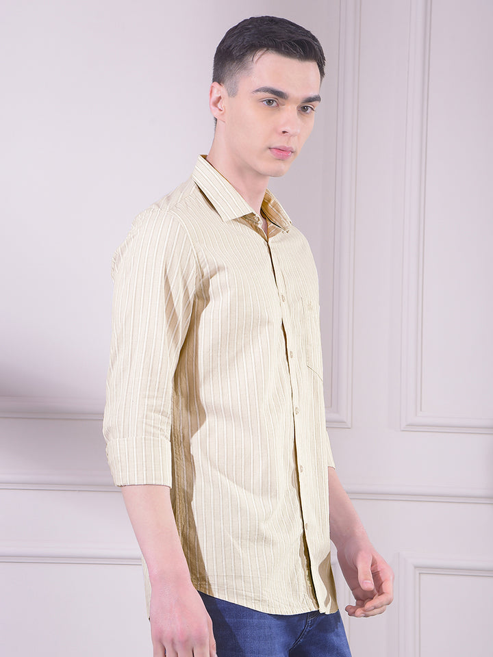 Beige 100% Cotton Vertical Stripes Shirt