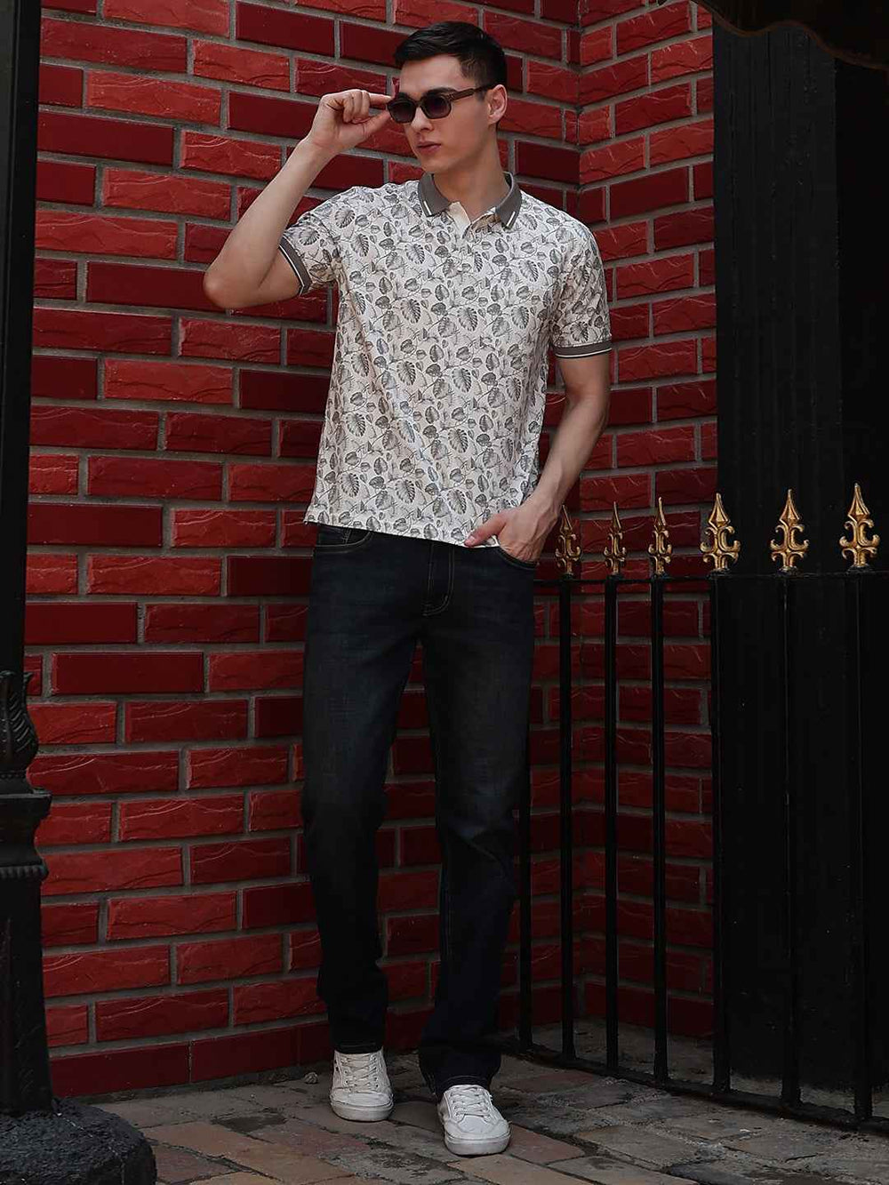 Grey Floral Print Polo Neck T-Shirt
